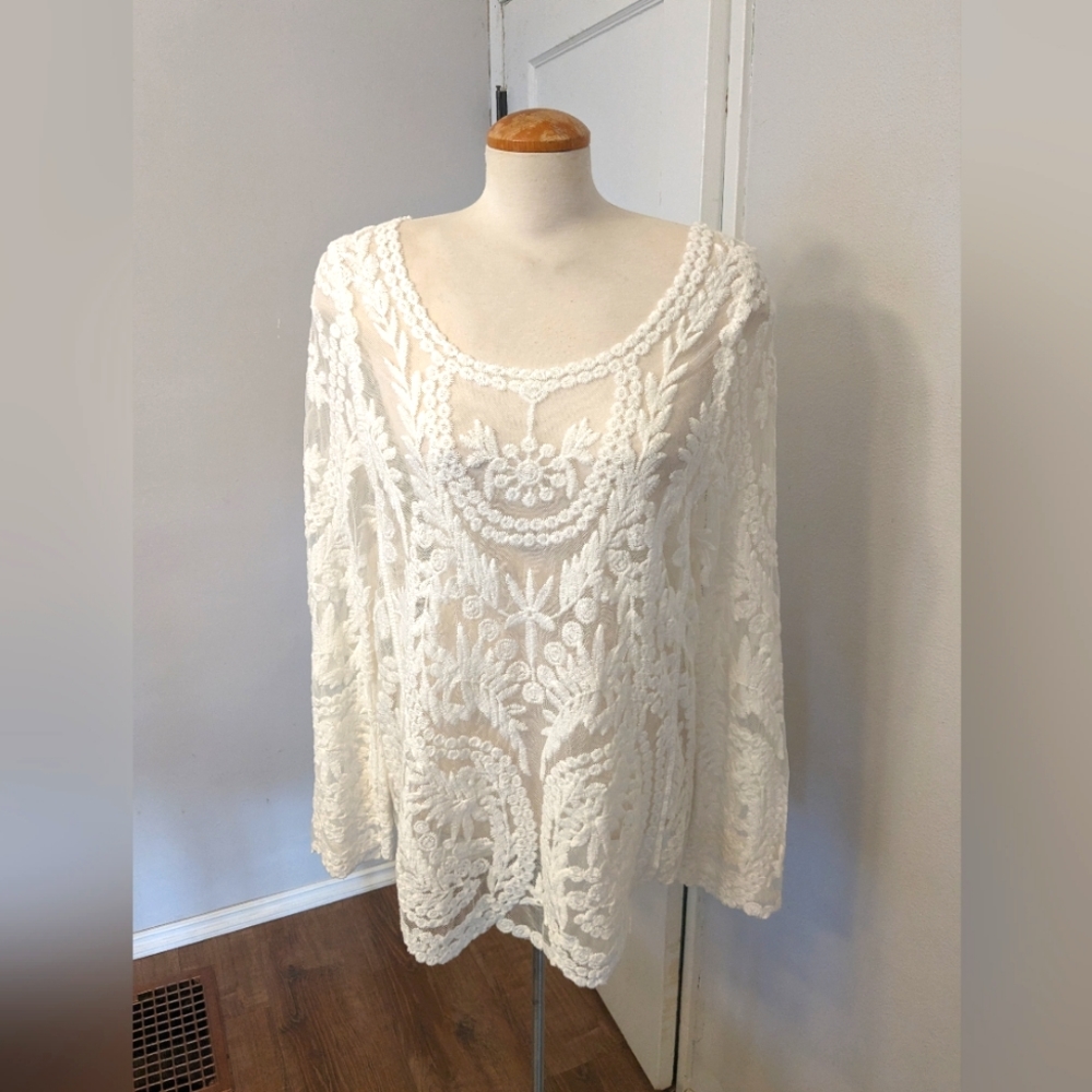 Lace embroidered blouse / bathing suit coverup .